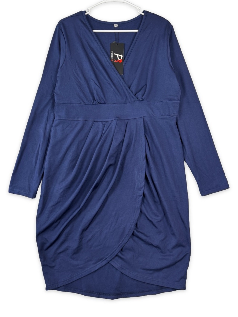 Poseshe Deep V-neck Bodycon Wrap Dress Womens XXL 2XL Navy Blue Mini Long Sleeve